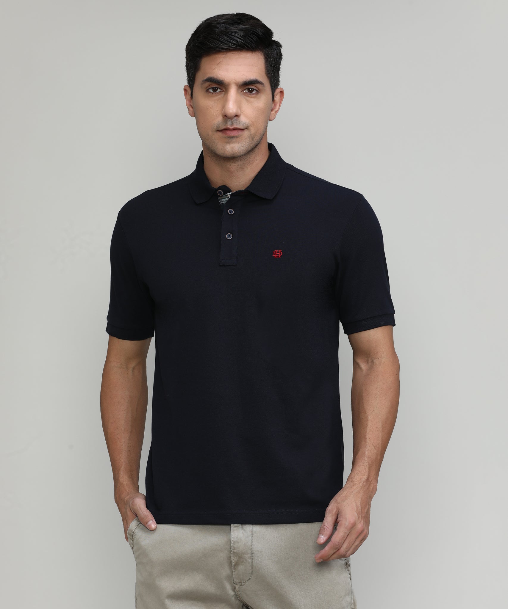 Navy Pique Cotton Lycra Solid Polo T-shirt