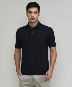 Navy Pique Cotton Lycra Solid Polo T-shirt