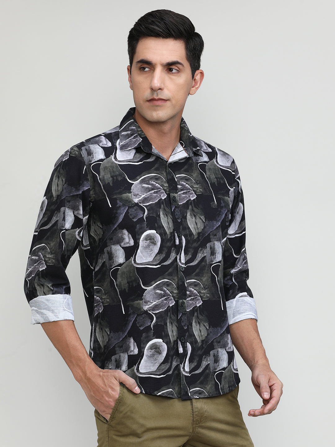 Black Slim Fit Premuim Cotton Printed Shirt With Bone Collar