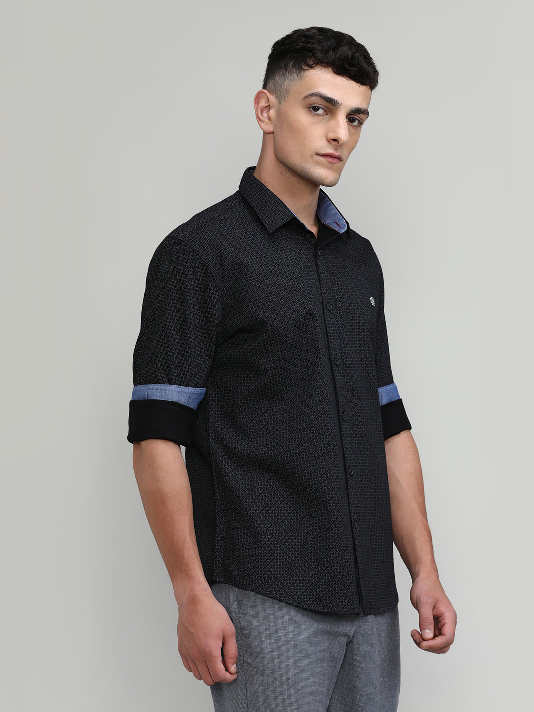 Black Slim Fit Premium Cotton Printed Shirt -SS25