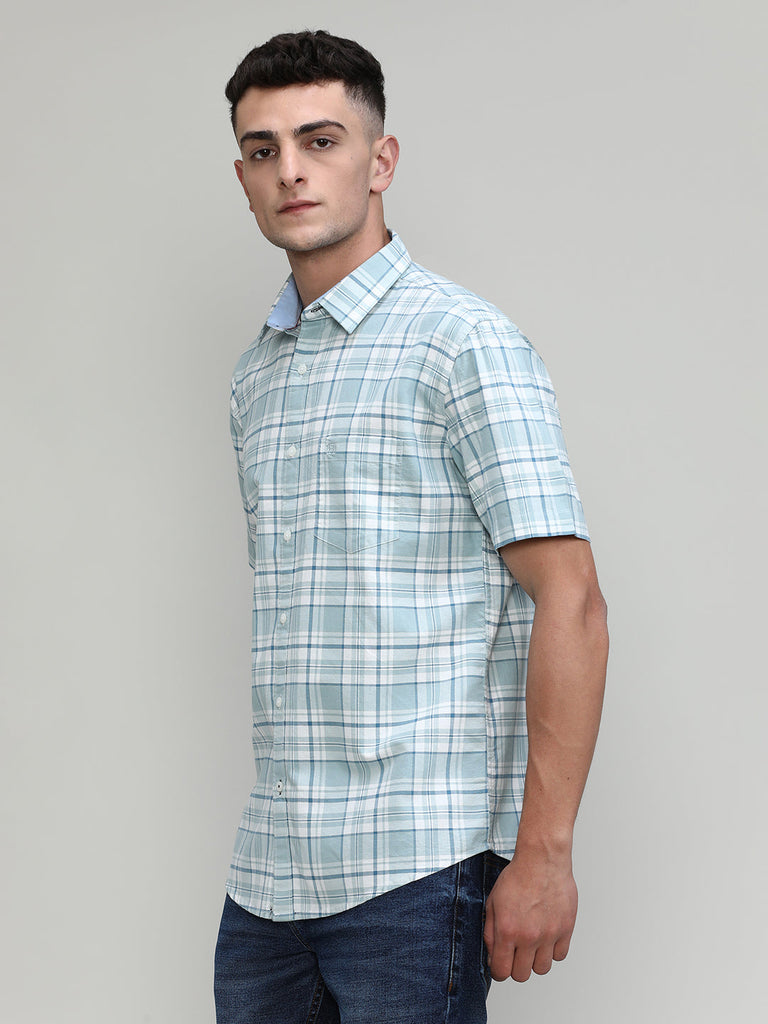 Pistachio Slim Fit Premuim Cotton Checks Shirt With Pocket