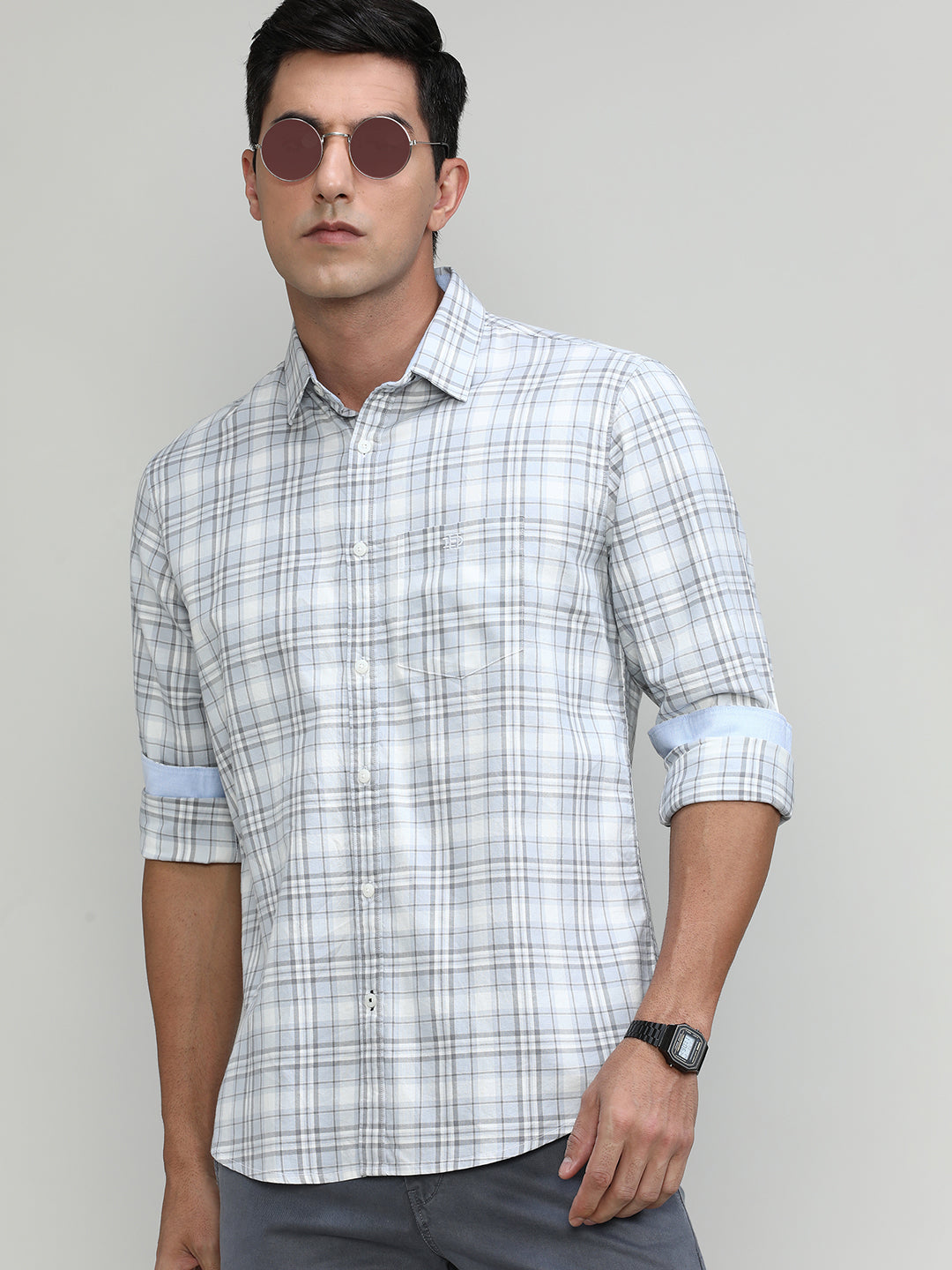 Light Grey Slim Fit Premuim Cotton Checks Shirt With Bone Collar & Pocket