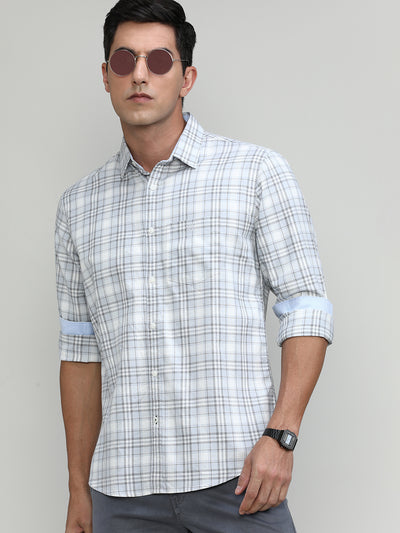 Light Grey Slim Fit Premuim Cotton Checks Shirt With Bone Collar & Pocket