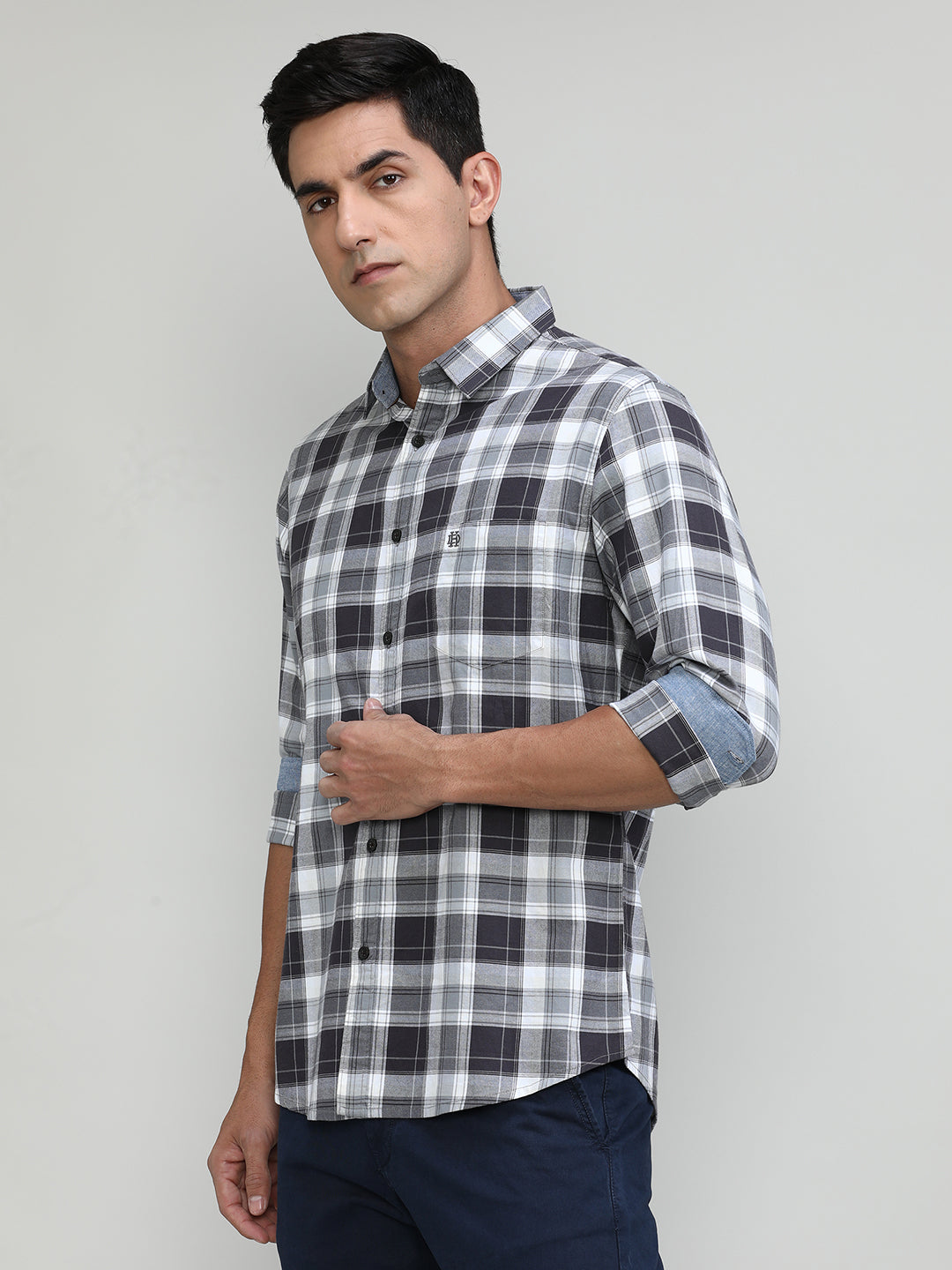 Charcoal Slim Fit Premuim Cotton Checks Shirt With Bone Collar & Pocket