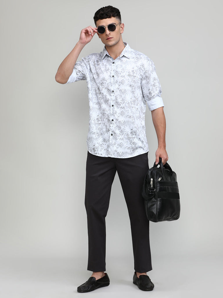White Slim Fit Premium Cotton Printed Shirt