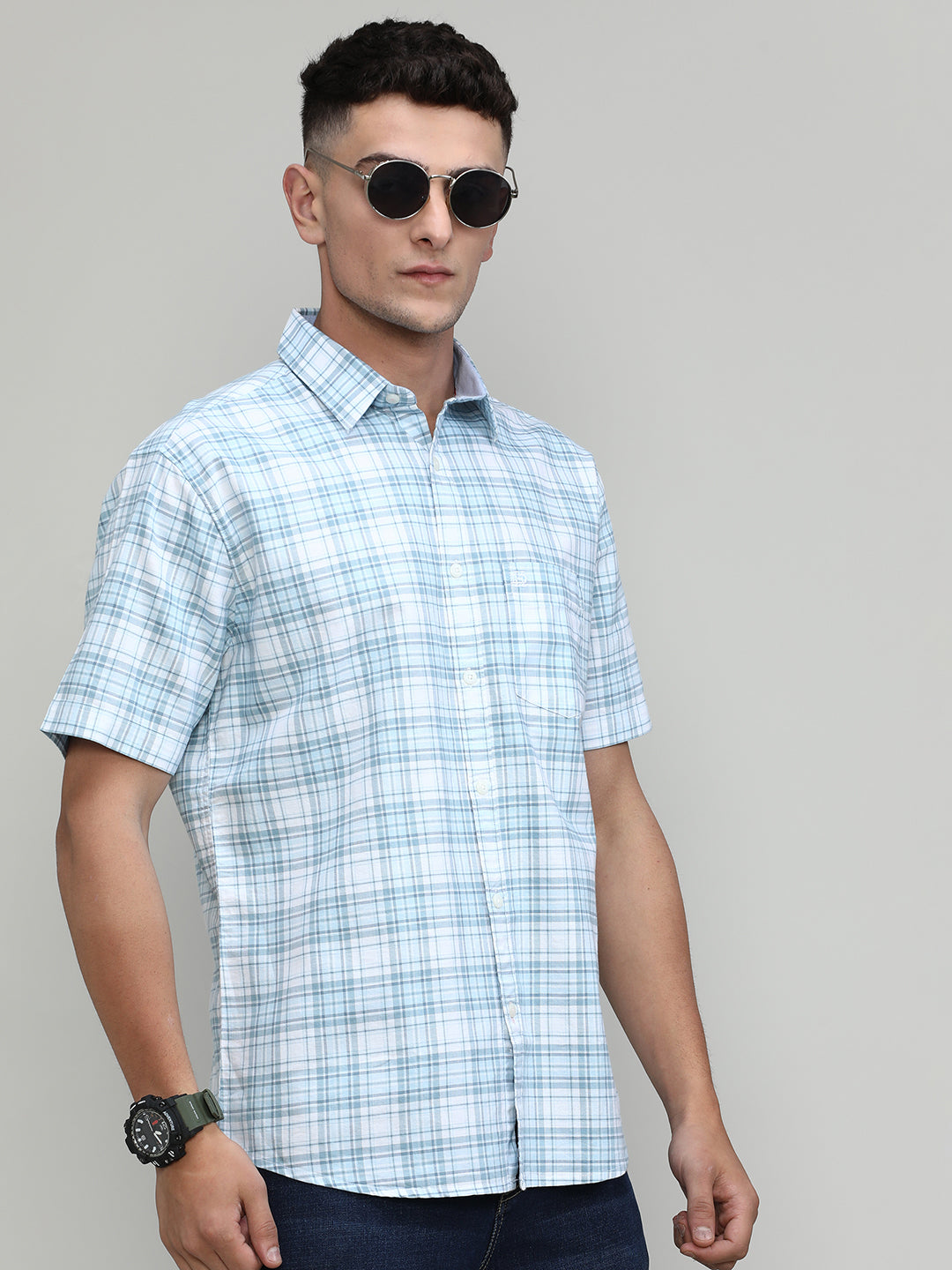 Sky Slim Fit Premuim Cotton Checks Shirt With Pocket-SS25