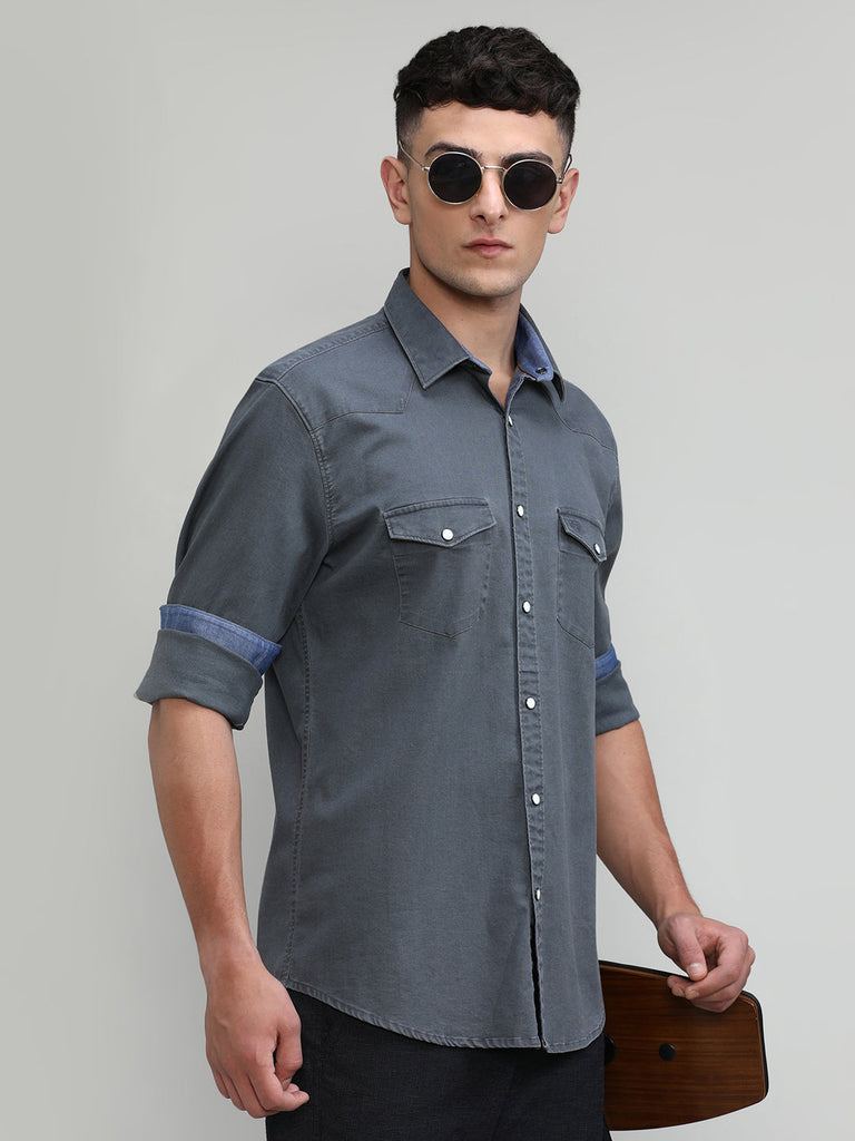 Cement Slim Fit Premium Cotton Lycra Solid Shirt With Pocket