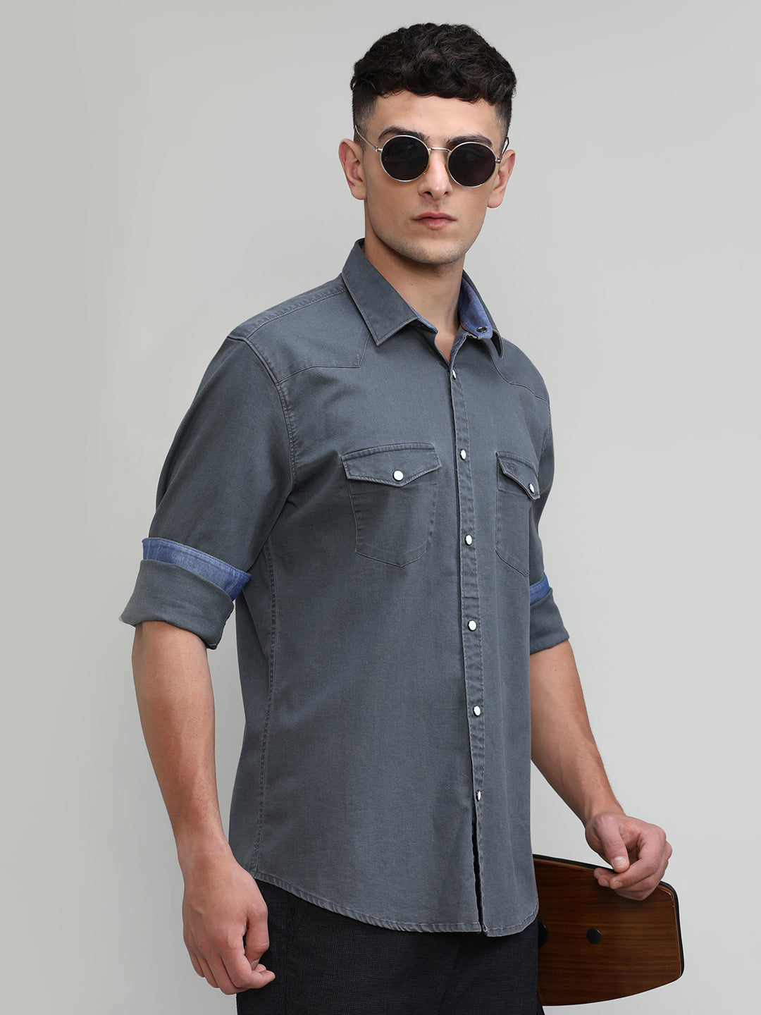 Cement Slim Fit Premium Cotton Lycra Solid Shirt With Double Pocket