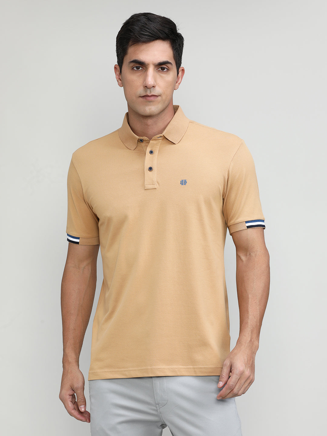 Khaki Pique Cotton Lycra Solid Polo T-shirt