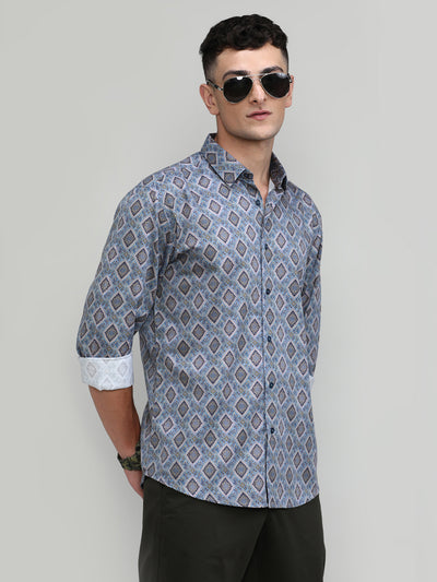 Exclusive Purple Collection Peacock Blue Slim Fit Printed Premium Cotton Shirt