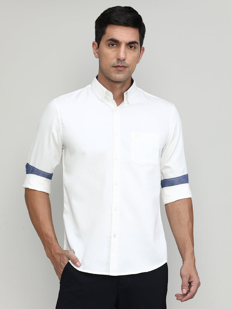 White Slim Fit Premium Cotton Lycra Solid Shirt With Pocket