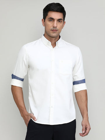 White Slim Fit Premium Cotton Lycra Solid Shirt With Pocket