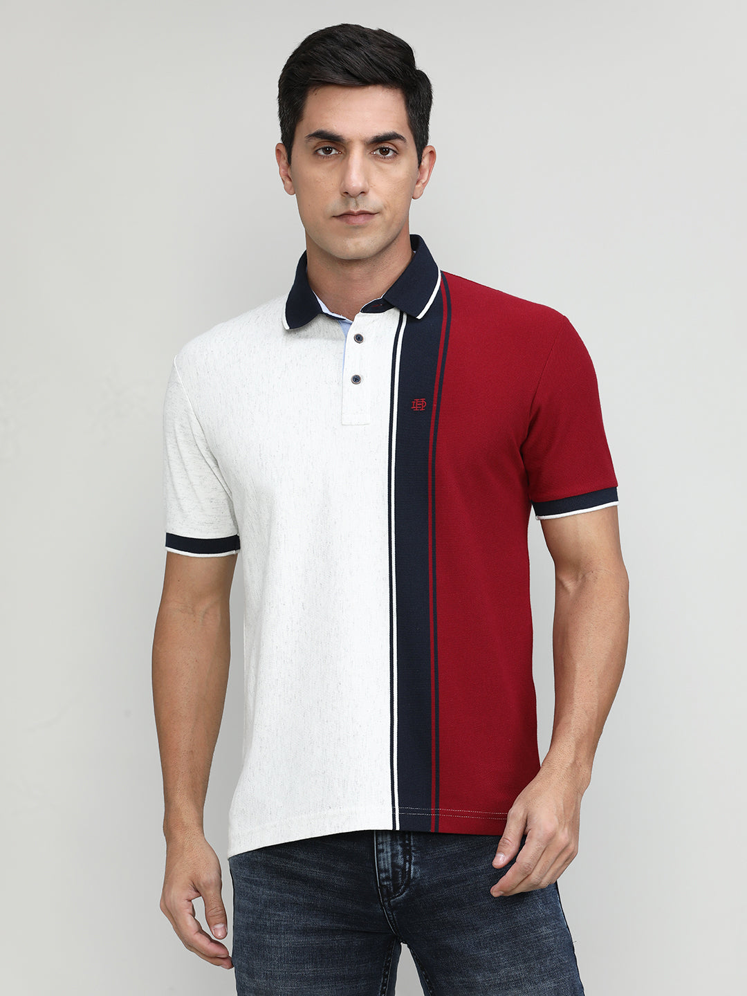 Ecru Pique Cotton Lycra Stripes Polo T-shirt
