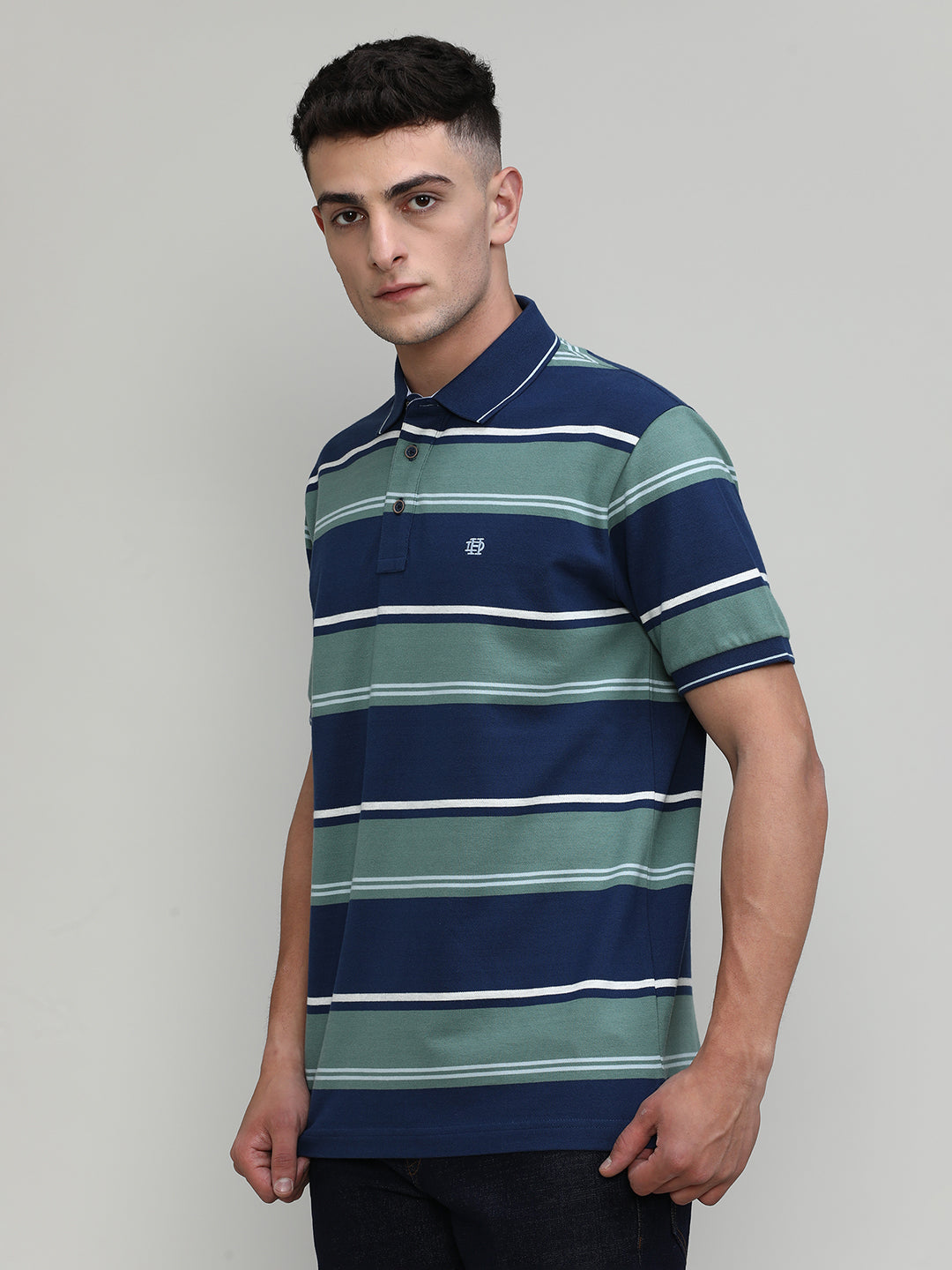 Indigo Pique Cotton Lycra Stripes Polo T-shirt