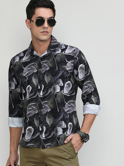 Black Slim Fit Premuim Cotton Printed Shirt With Bone Collar