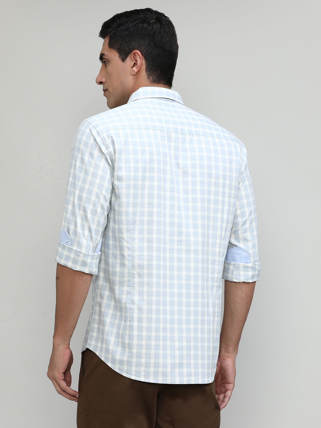 Heather Grey Slim Fit Premuim Cotton Checks Shirt With Bone Collar & Pocket