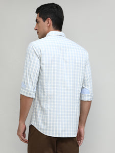 Heather Grey Slim Fit Premuim Cotton Checks Shirt With Bone Collar & Pocket