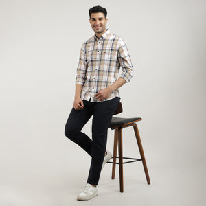 Beige, Fine Twill Checked Shirt With Pocket