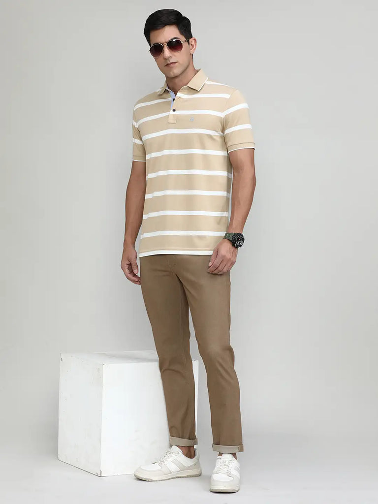 Sand Jersey Cotton Lycra Stripes Polo T-shirt