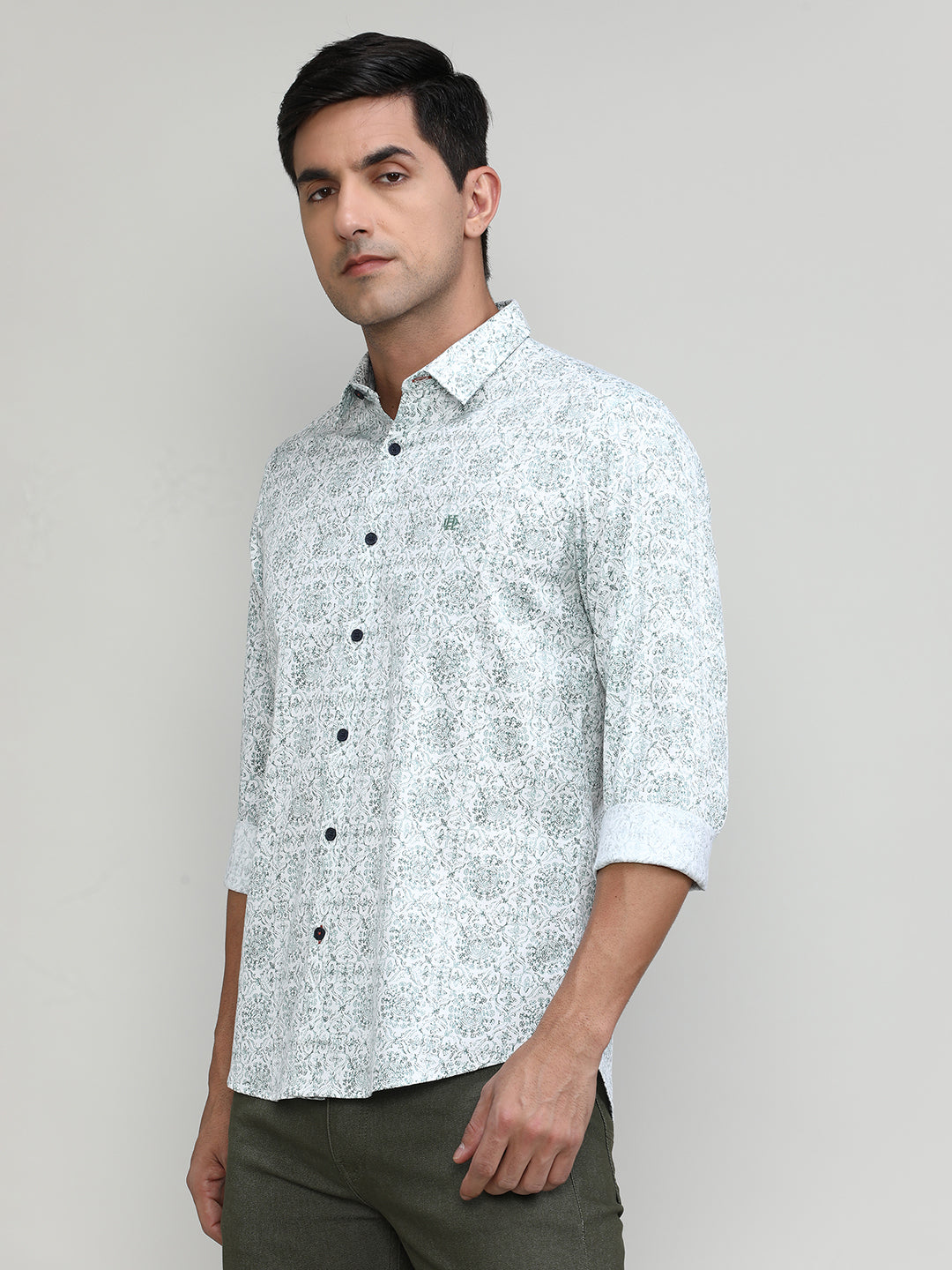 Green Slim Fit Premium Cotton Printed Shirt -SS25
