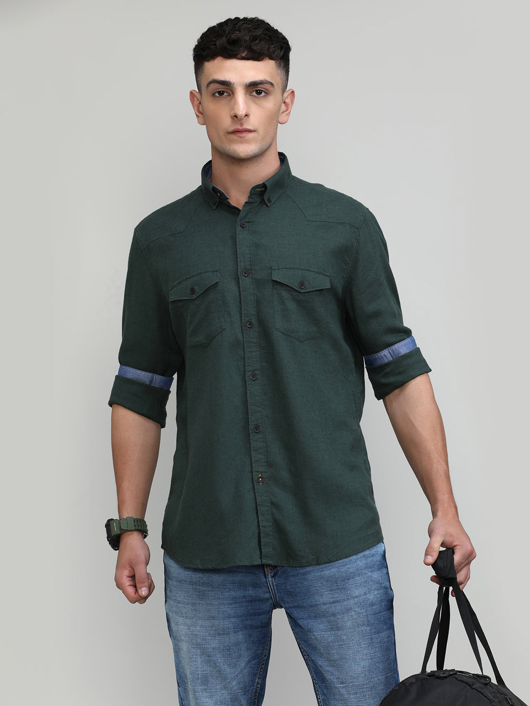 Leaf Shade Slim Fit Premuim Cotton Lycra Solid Shirt With Pocket
