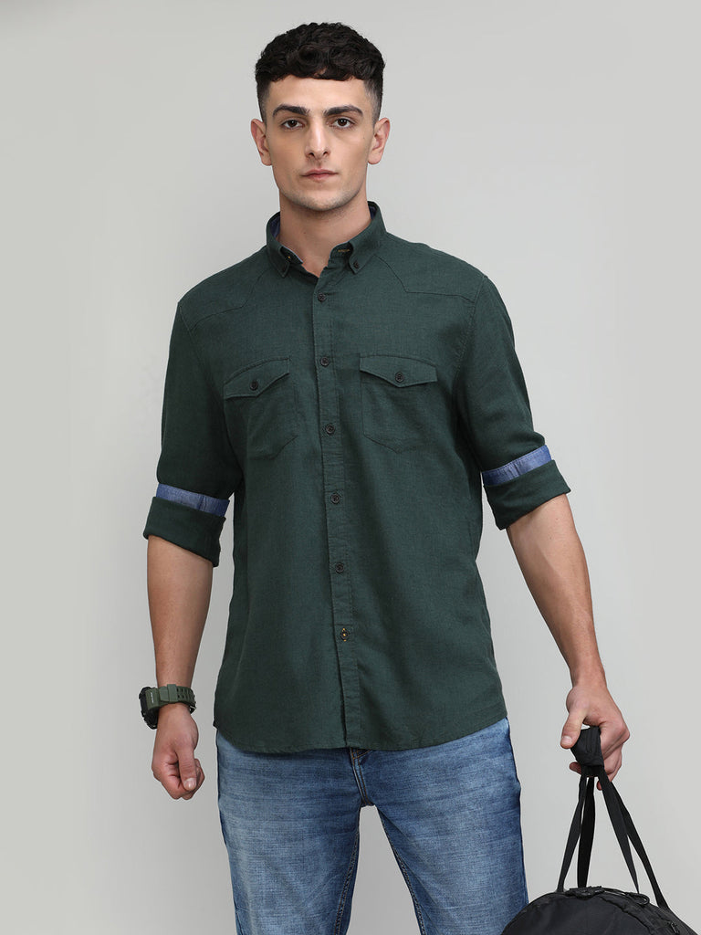 Leaf Shade Slim Fit Premuim Cotton Lycra Solid Shirt With Pocket