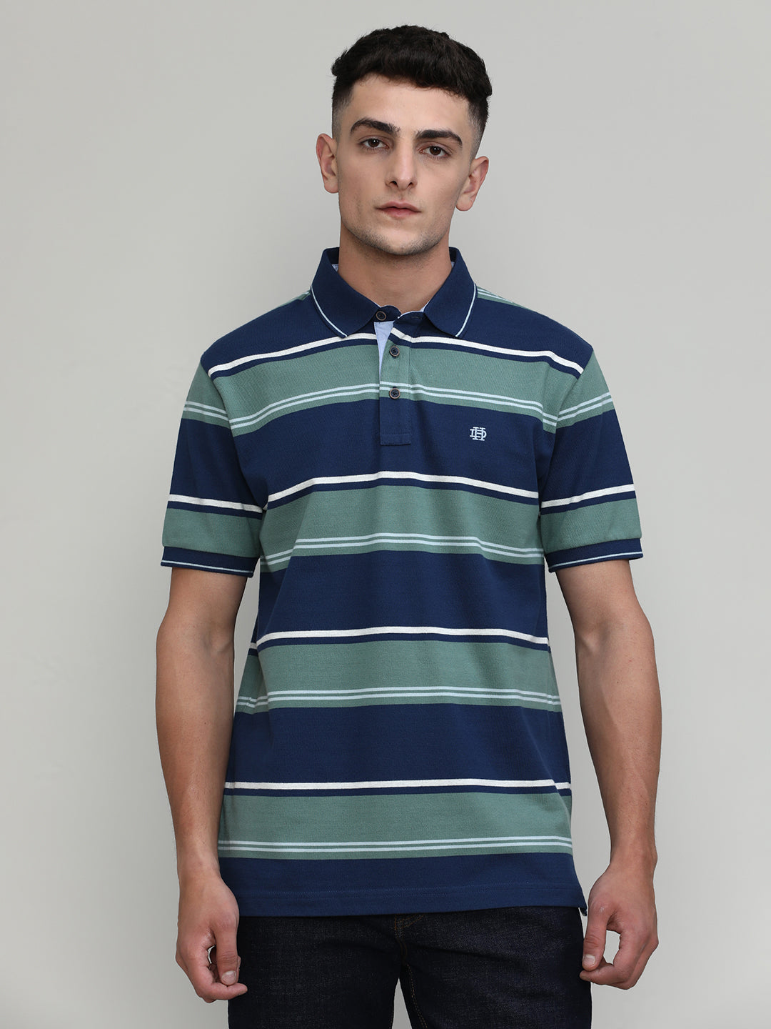Indigo Pique Cotton Lycra Stripes Polo T-shirt