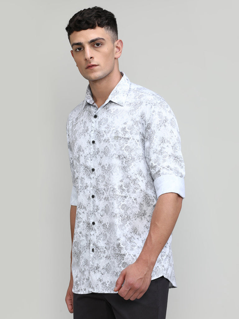 White Slim Fit Premium Cotton Printed Shirt