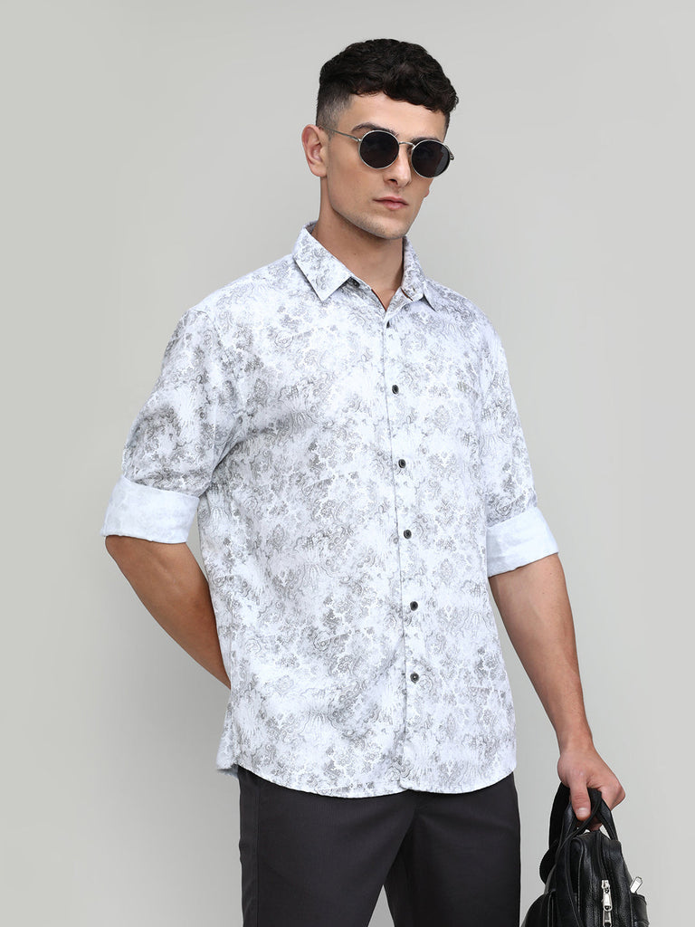 White Slim Fit Premium Cotton Printed Shirt