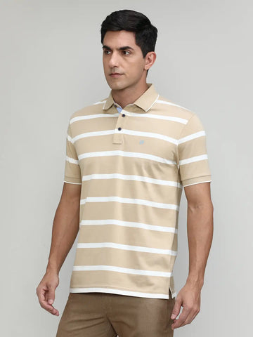 Sand Jersey Cotton Lycra Stripes Polo T-shirt