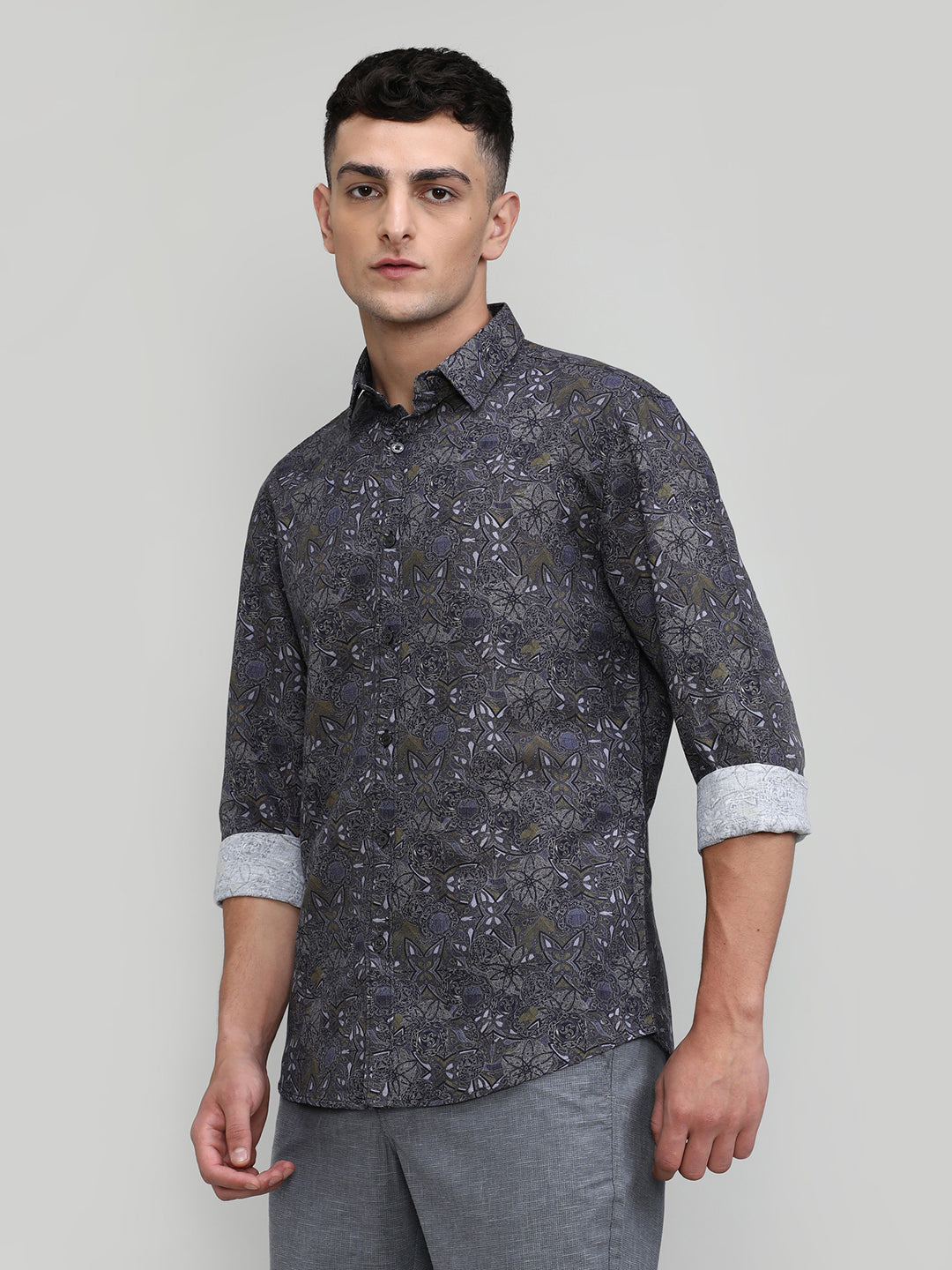 Exclusive Purple Collection Dark Olive Slim Fit Printed Premium Cotton Linen Shirt