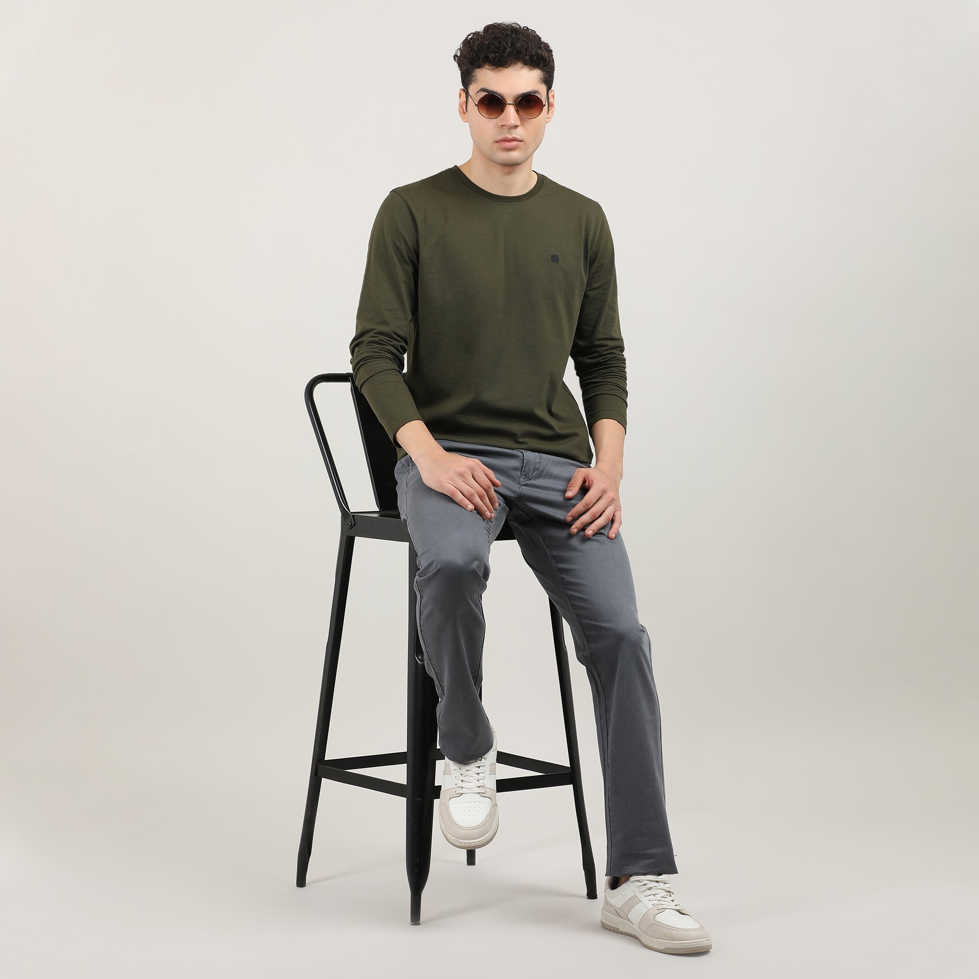 Olive, Cord Lycra, Round Neck, Full Sleeves, Solid, Sweatshirt