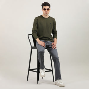 Olive, Cord Lycra, Round Neck, Full Sleeves, Solid, Sweatshirt