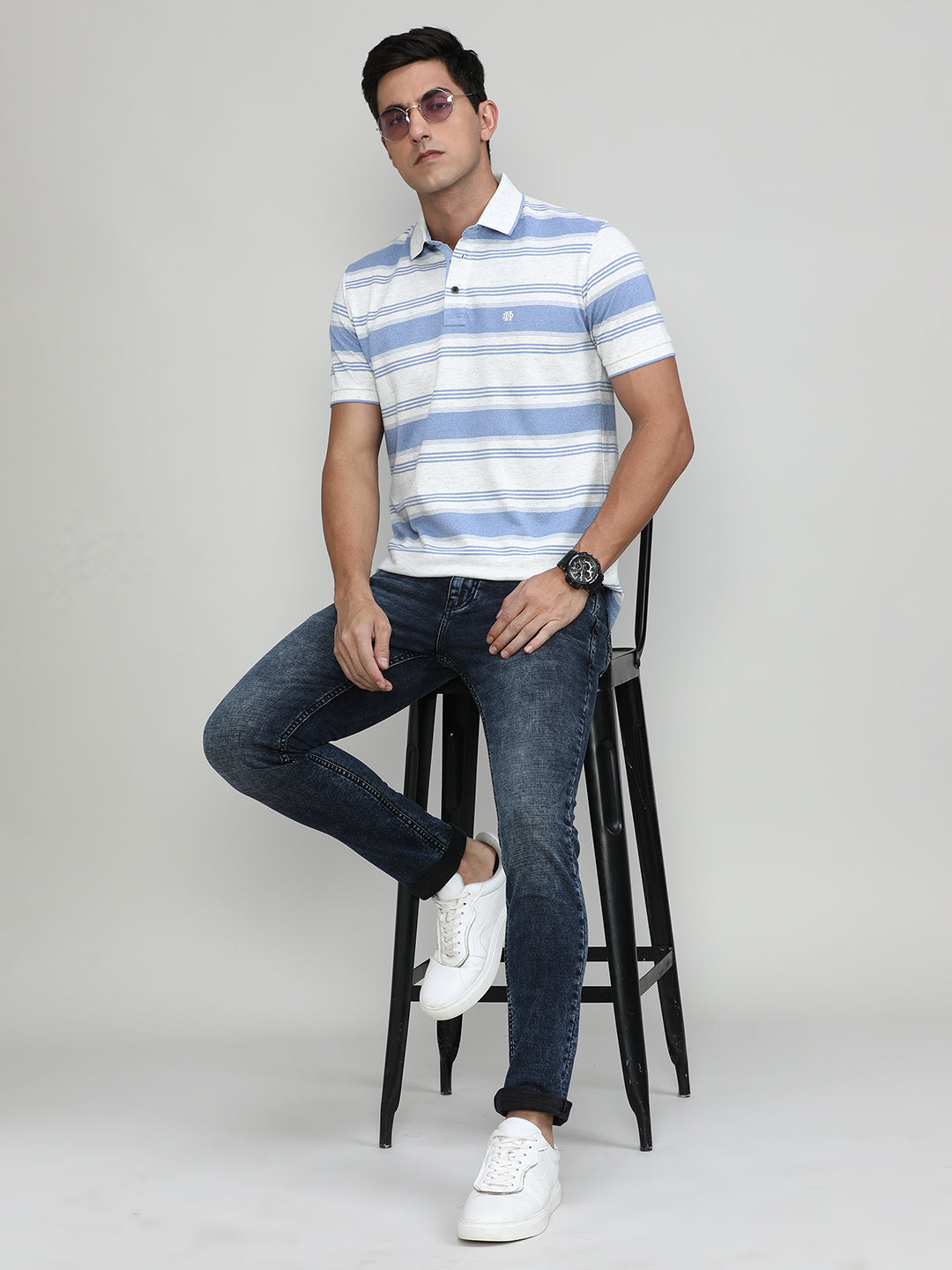 Summer Sky Pique Cotton Lycra Stripes Polo T-shirt