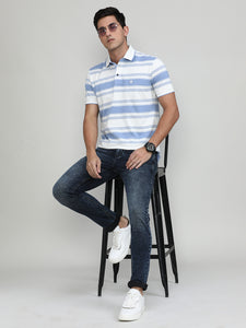 Summer Sky Pique Cotton Lycra Stripes Polo T-shirt