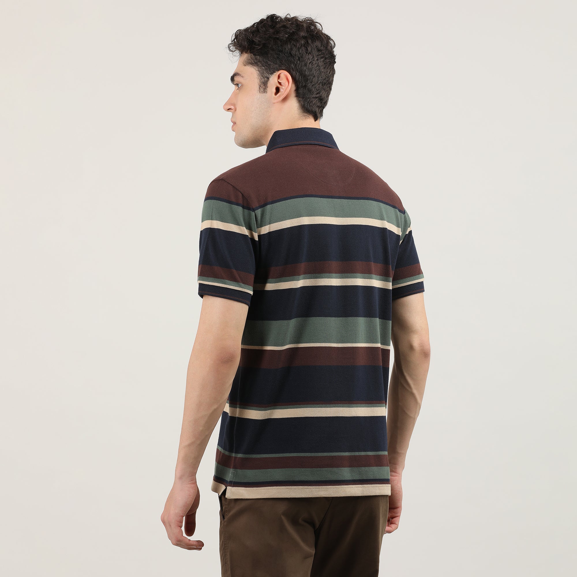 Navy Blue and Brown Pique Striped Polo T-shirt