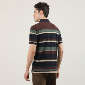 Navy Blue and Brown Pique Striped Polo T-shirt