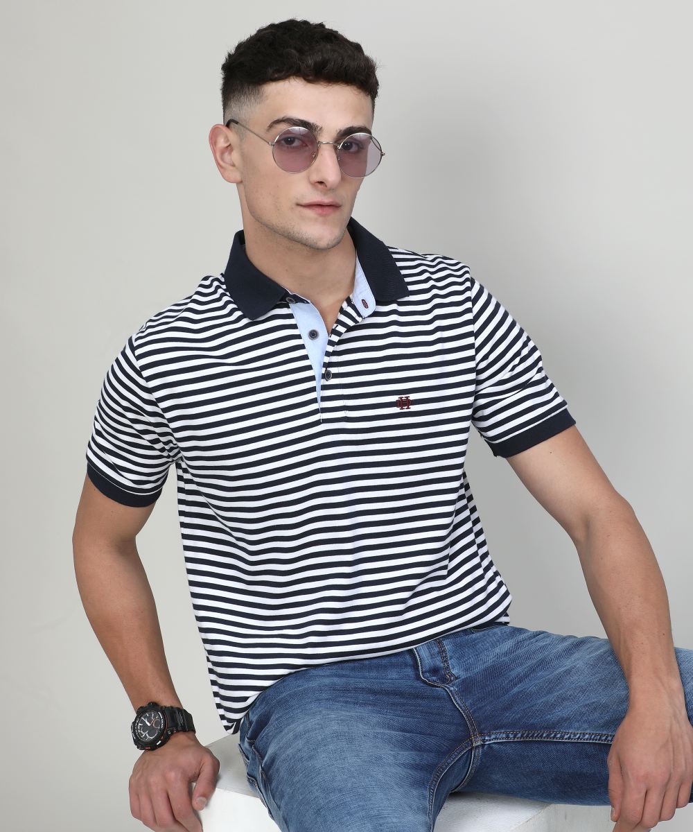 Deep Navy Jersey Cotton Lycra Stripes Polo T-shirt