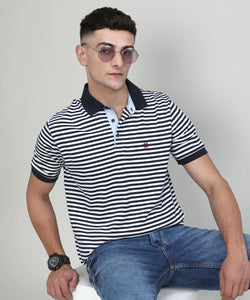 Deep Navy Jersey Cotton Lycra Stripes Polo T-shirt