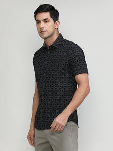 Black Slim Fit Premuim Cotton Printed Shirt With Regular Collar & Pocket