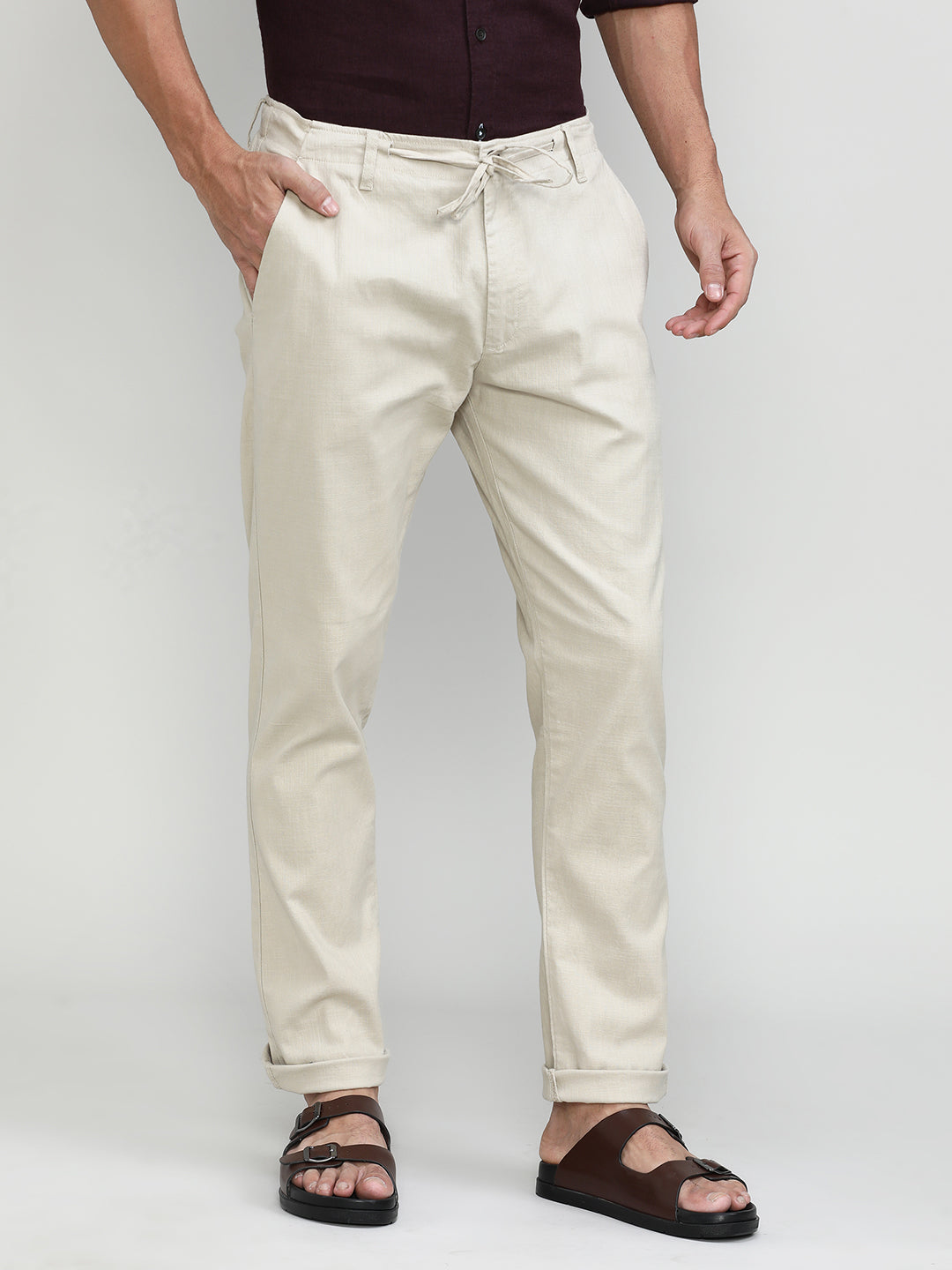 Sand Cotton Travel Trousers Slim Tapered Fit