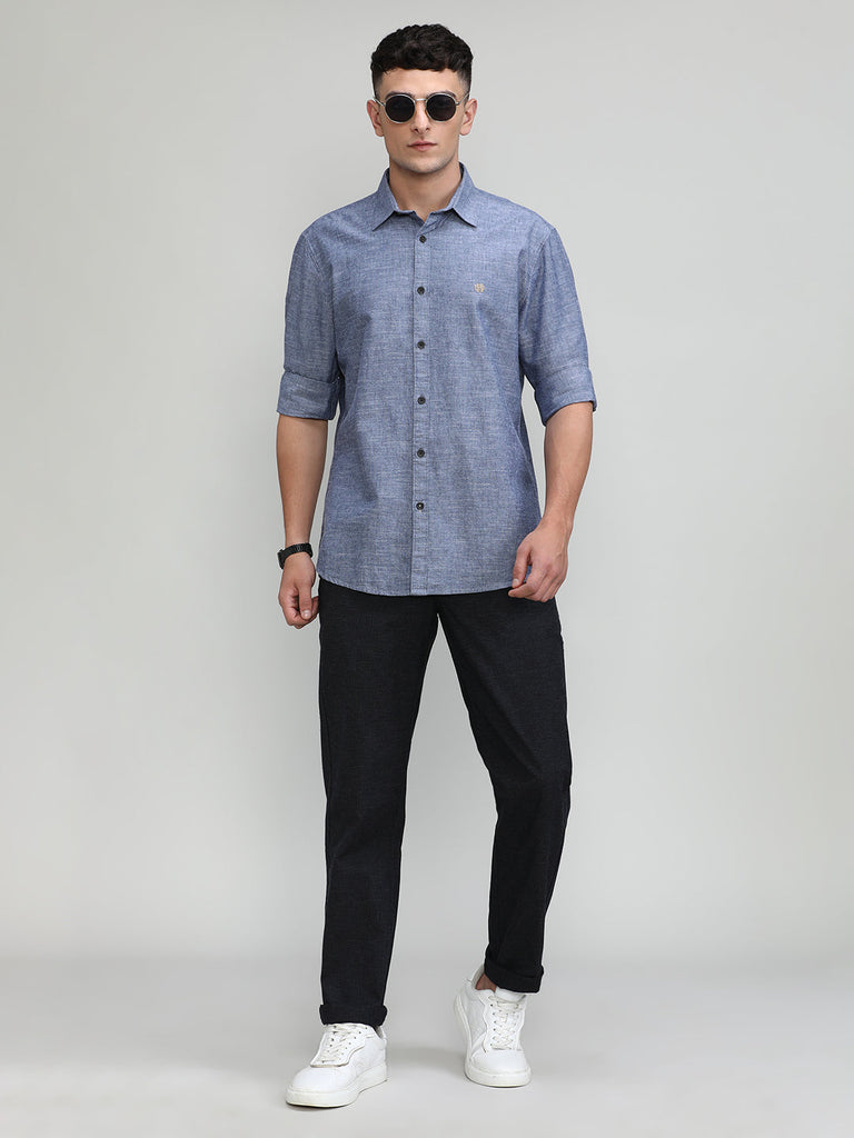 Navy Slim Fit Premium Cotton Lycra Solid Shirt