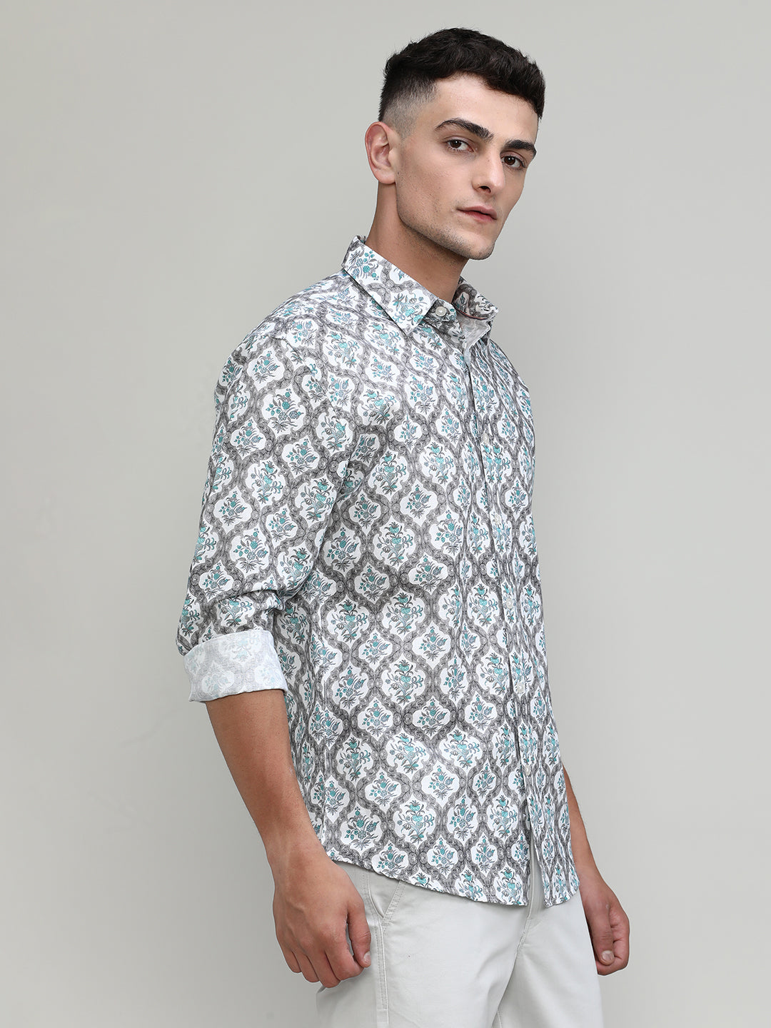 Exclusive Purple Collection Beige Slim Fit Printed Premium Cotton Linen Shirt