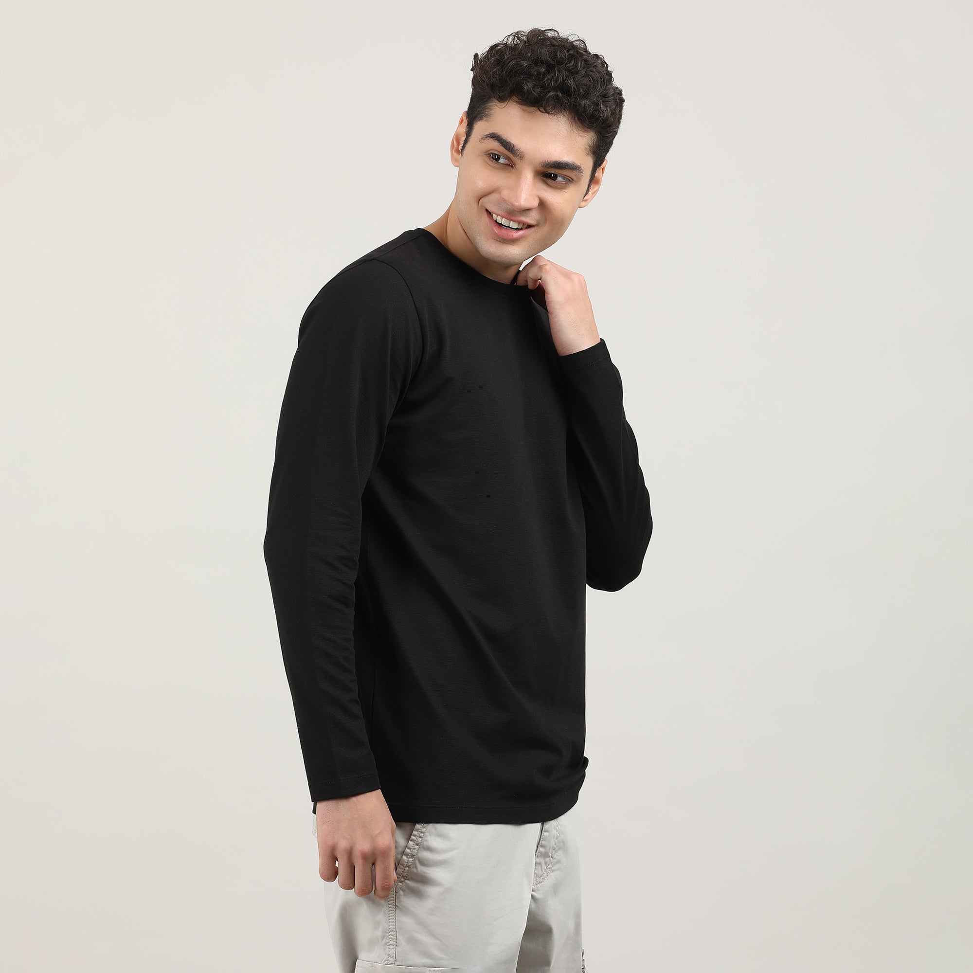 Black, Cord Lycra, Round Neck, Full Sleeves, Solid, Sweatshirt
