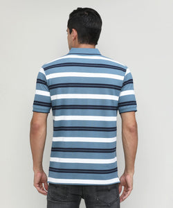 AF Blue Pique Cotton Lycra Stripes Polo T-shirt