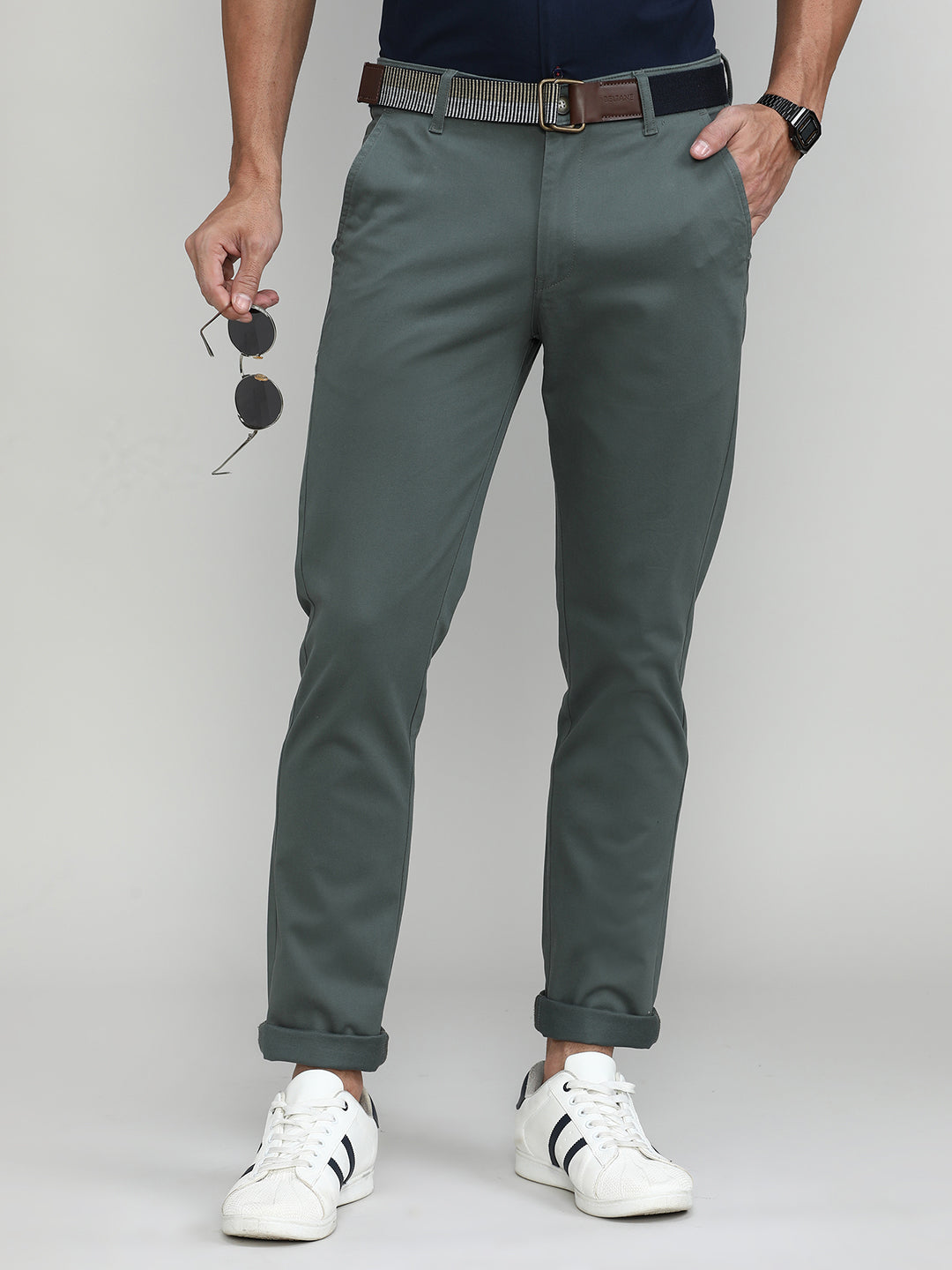 Lake Green Cotton Trousers Slim Tapered Fit