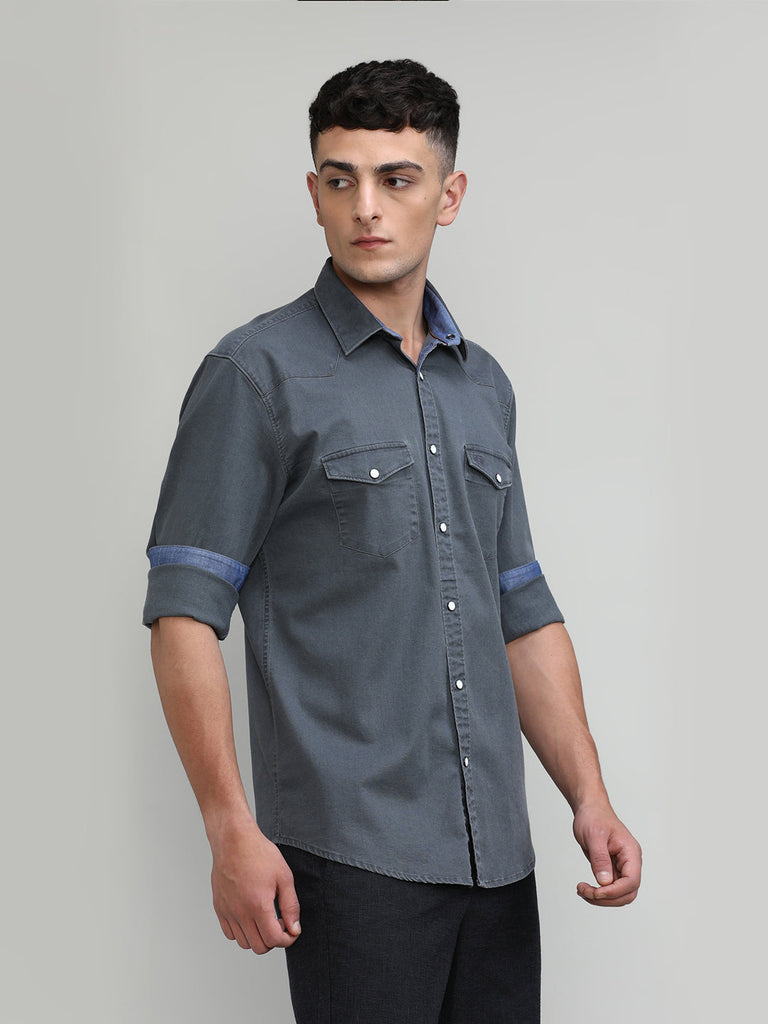Cement Slim Fit Premium Cotton Lycra Solid Shirt With Pocket
