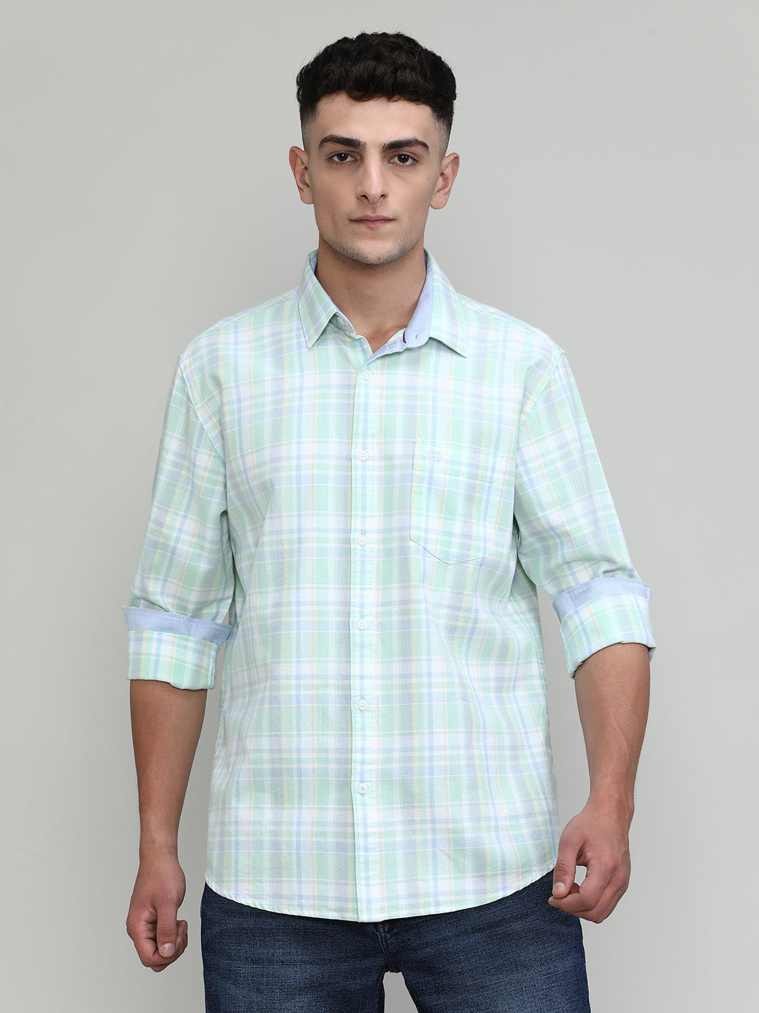 Fresh Mint Slim Fit Premuim Cotton Checks Shirt With Regular Pocket-SS25