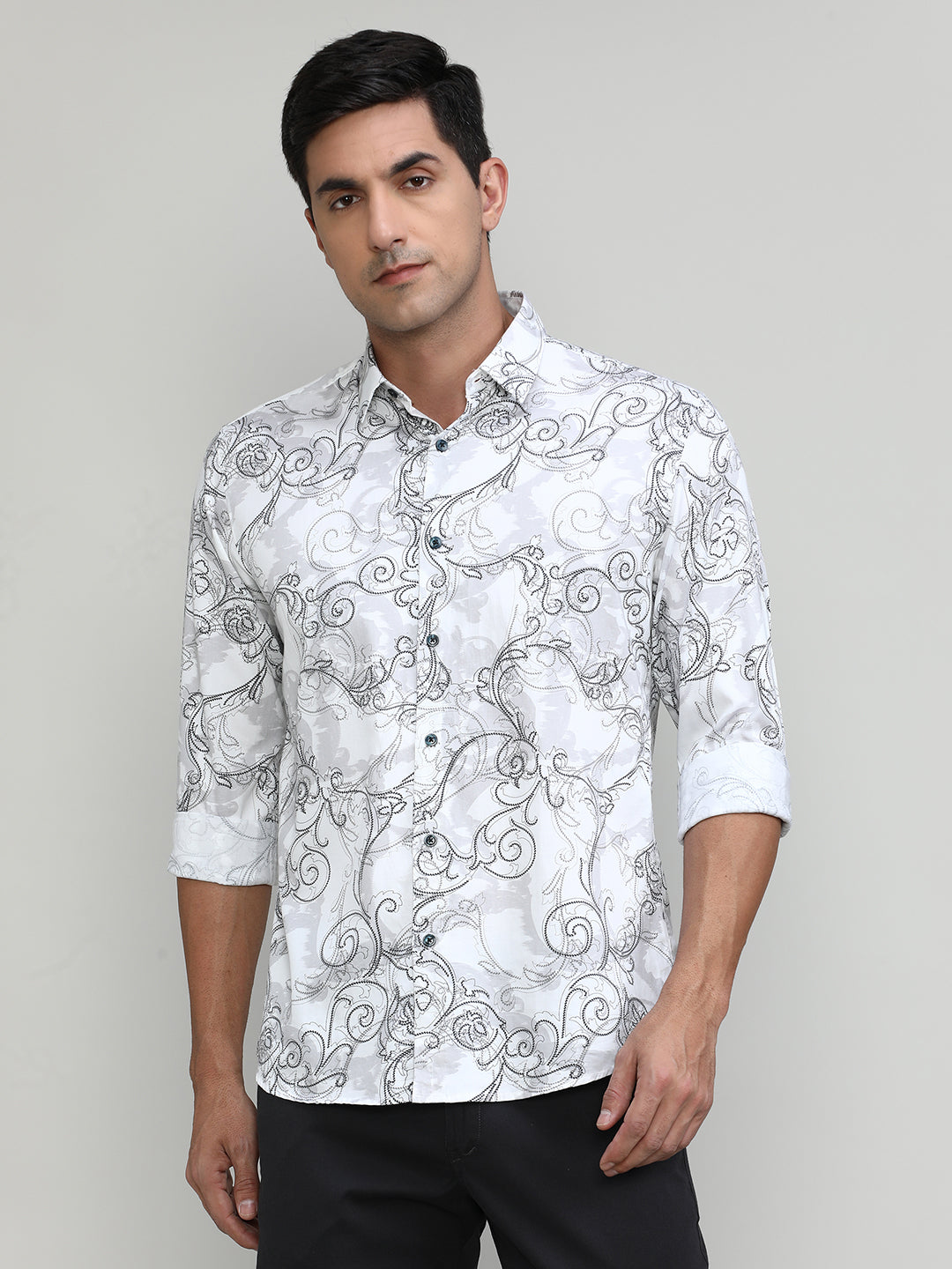 Exclusive Purple Collection White Slim Fit Printed Premium Cotton Shirt