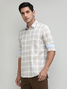 Beige Slim Fit Premuim Cotton Checks Shirt With Bone Collar & Pocket